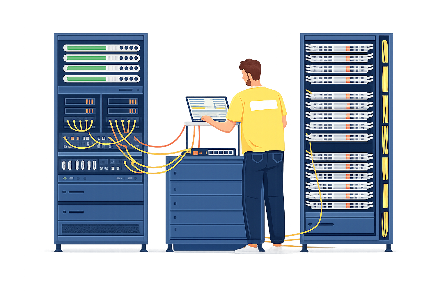 Inżynier przy szafie serwerowej